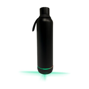 Black insulated water bottle with glowing base.