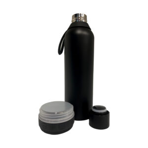 Black thermos with detachable speaker and cap.