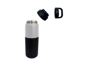 Black and white thermos with separated lid
