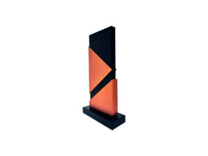 Abstract geometric sculpture with black and orange triangles.