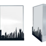 Skyline-themed glass trophy with cityscape design.