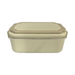 Beige plastic storage container with lid.