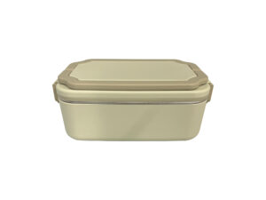 Beige plastic storage container with lid.