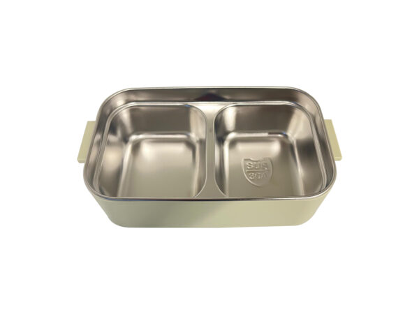 Stainless steel bento lunch box with compartments.