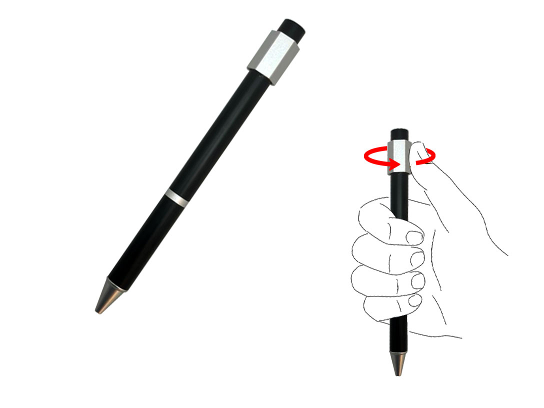 Black pen with rotating mechanism.