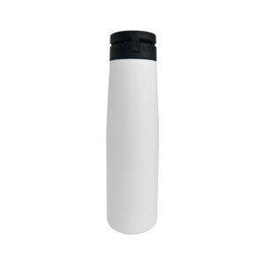White travel mug with black lid.