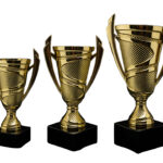 Three gold trophies in different sizes.