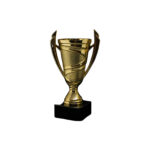 Gold trophy with ornate handles on stand.