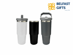 Three insulated tumblers in white, black, gray