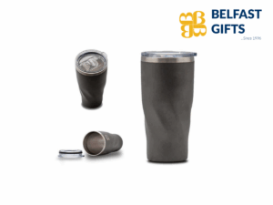 Black insulated travel mug with clear lid.