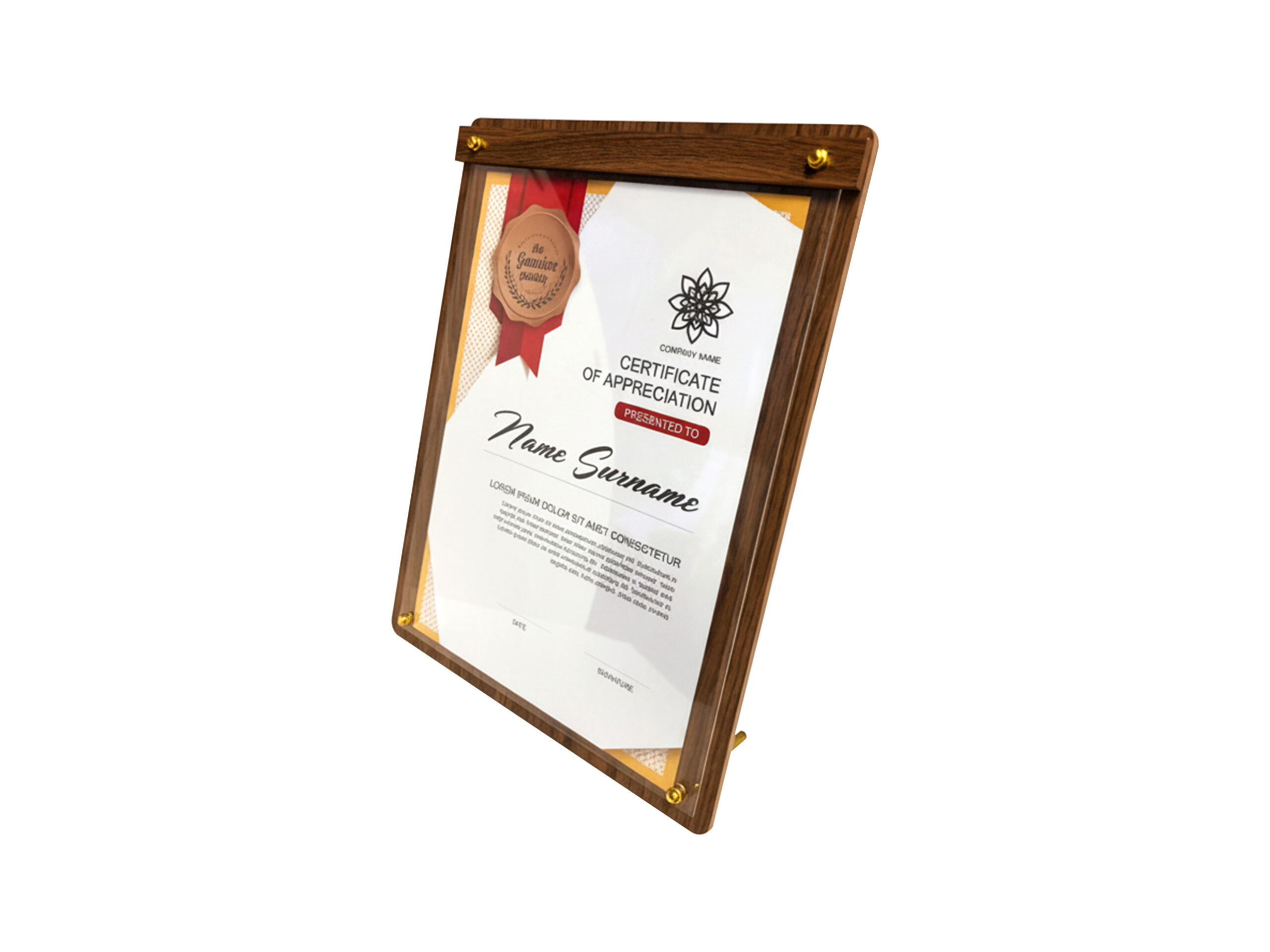 Framed certificate of appreciation on display