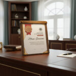 Office desk with certificate of appreciation.