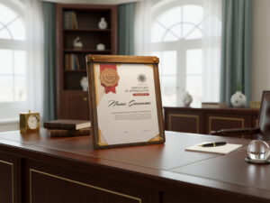 Office desk with certificate of appreciation.