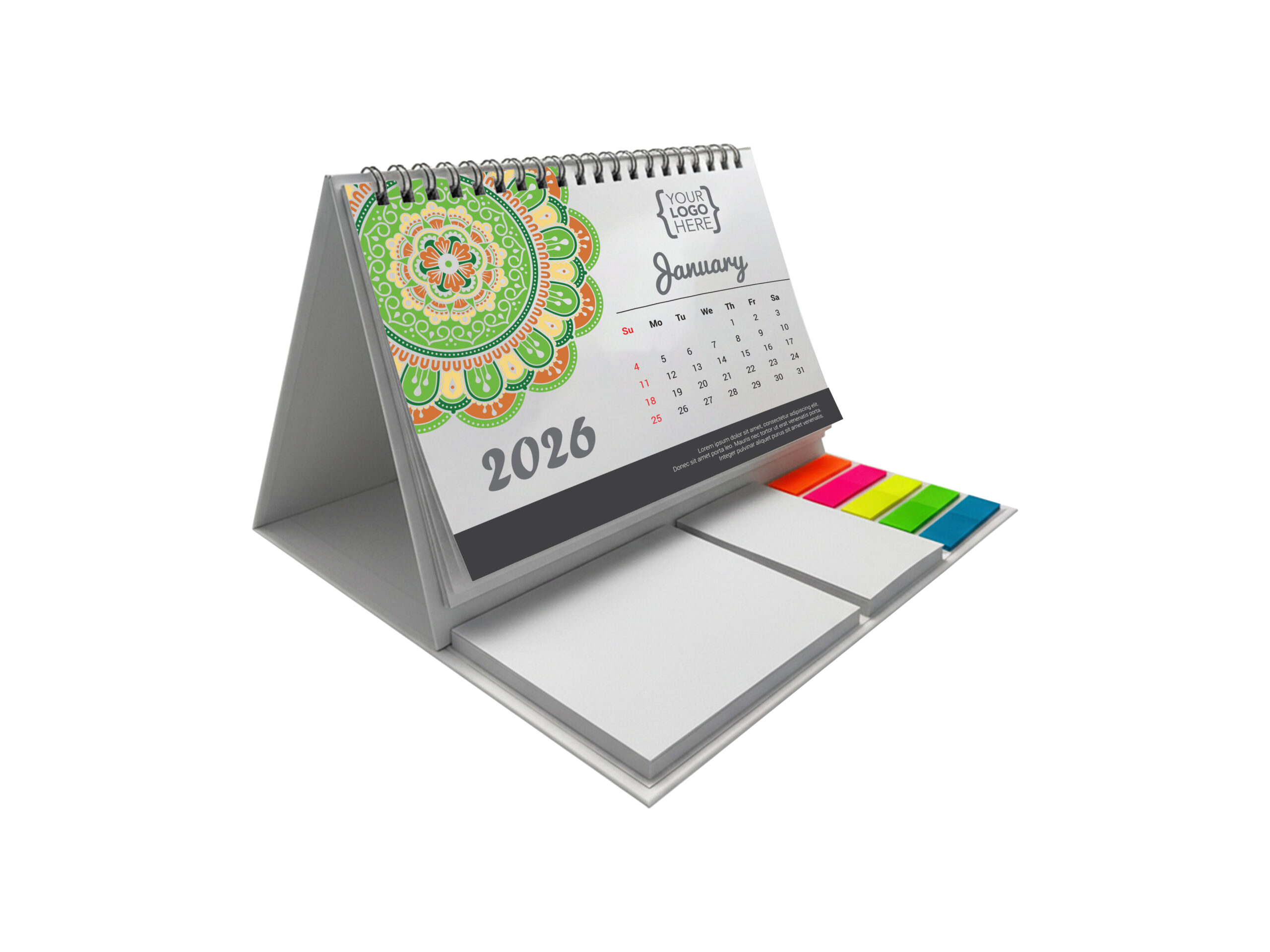 2026 desk calendar with colorful sticky notes