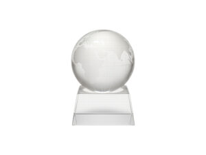 Clear glass globe trophy on rectangular base.