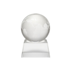 Clear glass globe trophy on rectangular base.