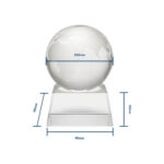Crystal globe on display stand with dimensions.