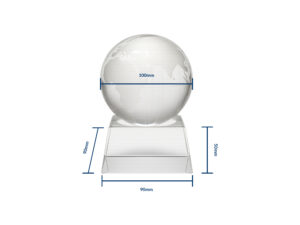 Crystal globe on display stand with dimensions.