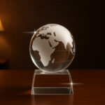 Glass globe on wooden table with lamp background.