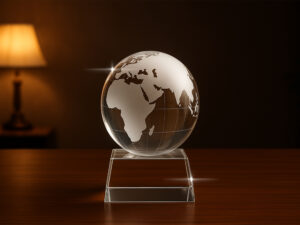 Glass globe on wooden table with lamp background.