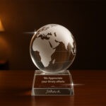 Glass globe award on wooden table