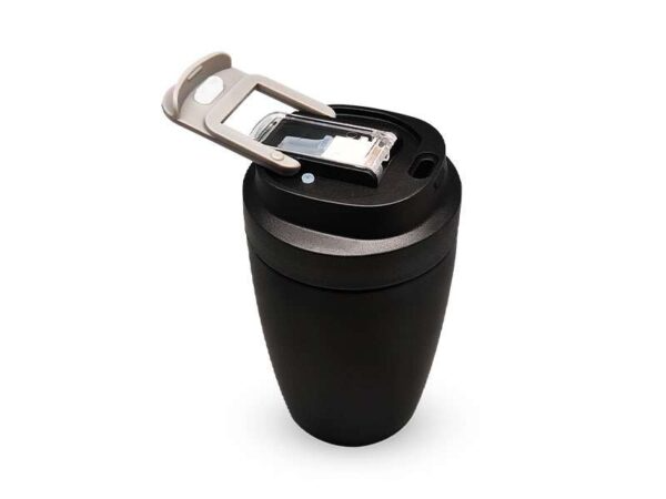 Black insulated travel mug with open lid