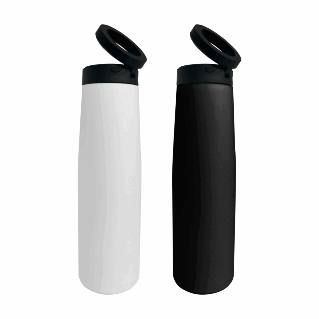 White and black water bottles with open lids
