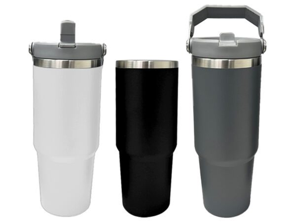 Three insulated tumblers, white, black, and gray.
