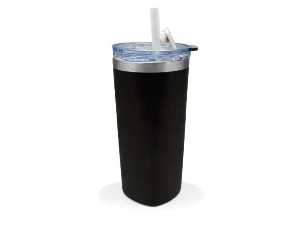 Black tumbler with clear lid and straw.