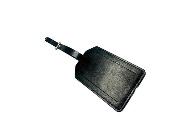 Black leather luggage tag with strap