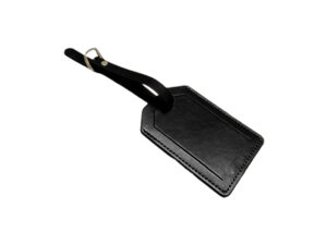 Black leather luggage tag with strap