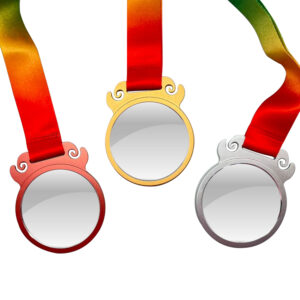 Gold, silver, bronze ice skating medals with ribbons