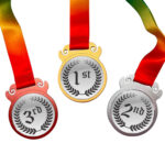 Gold, silver, bronze medals for first, second, third place.