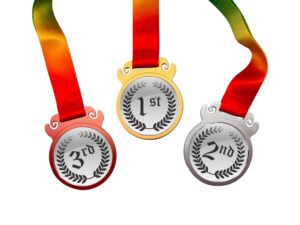 Gold, silver, bronze medals for first, second, third place.