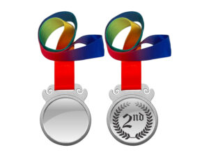 Two silver medals with rainbow ribbons.