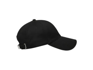 Black baseball cap with adjustable strap.
