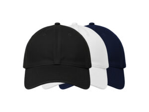 Three baseball hats in black, white, and navy