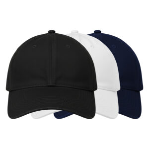 Three baseball hats in black, white, and navy