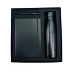 Black notebook, pen, and bottle gift set.