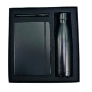 Black notebook, pen, and bottle gift set.