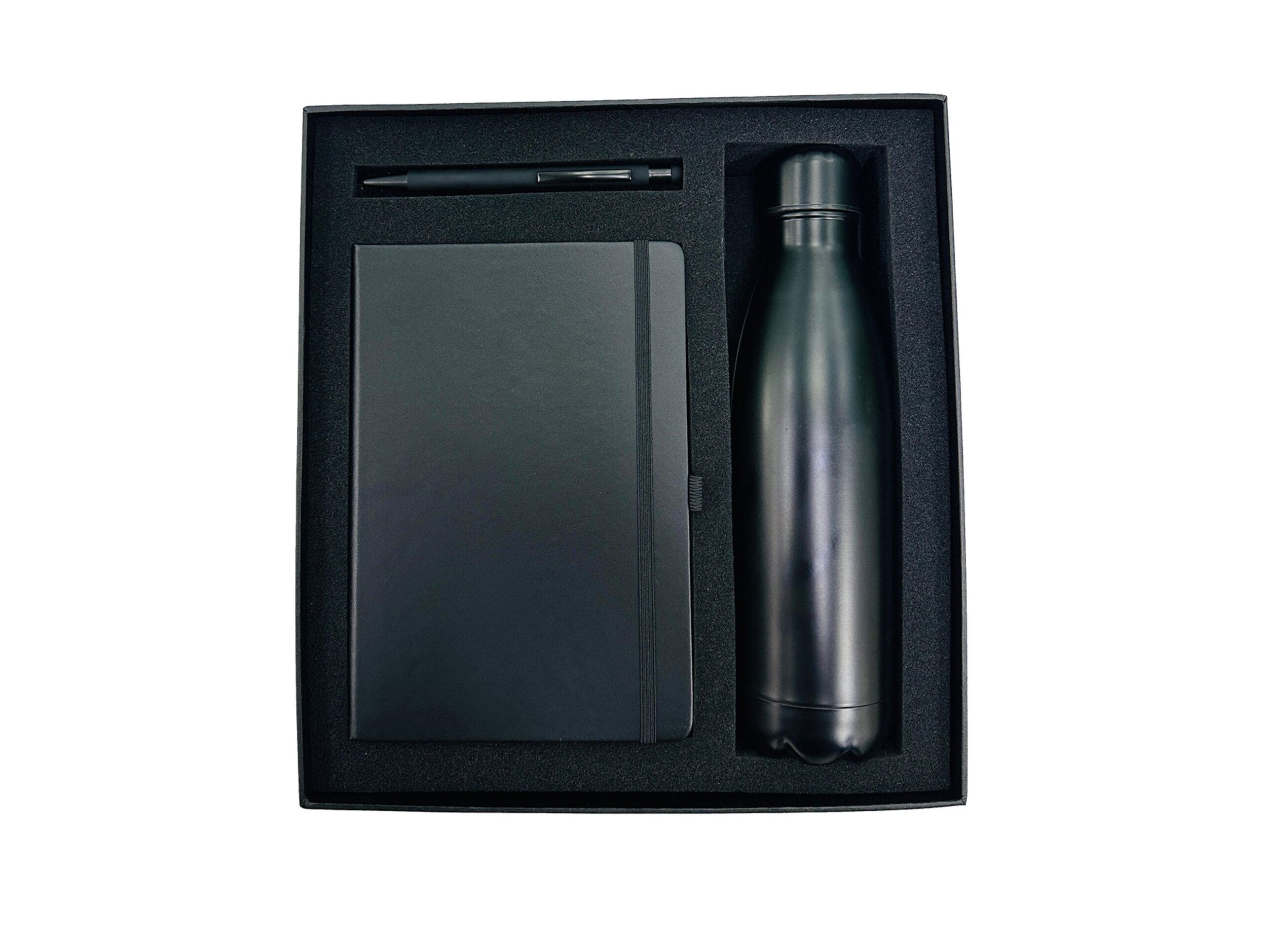 Black notebook, pen, and bottle gift set.