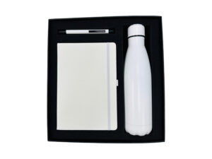 Black gift set with bottle, notebook, pen