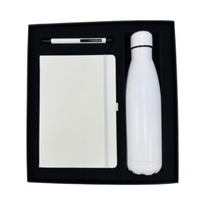 Black gift set with bottle, notebook, pen