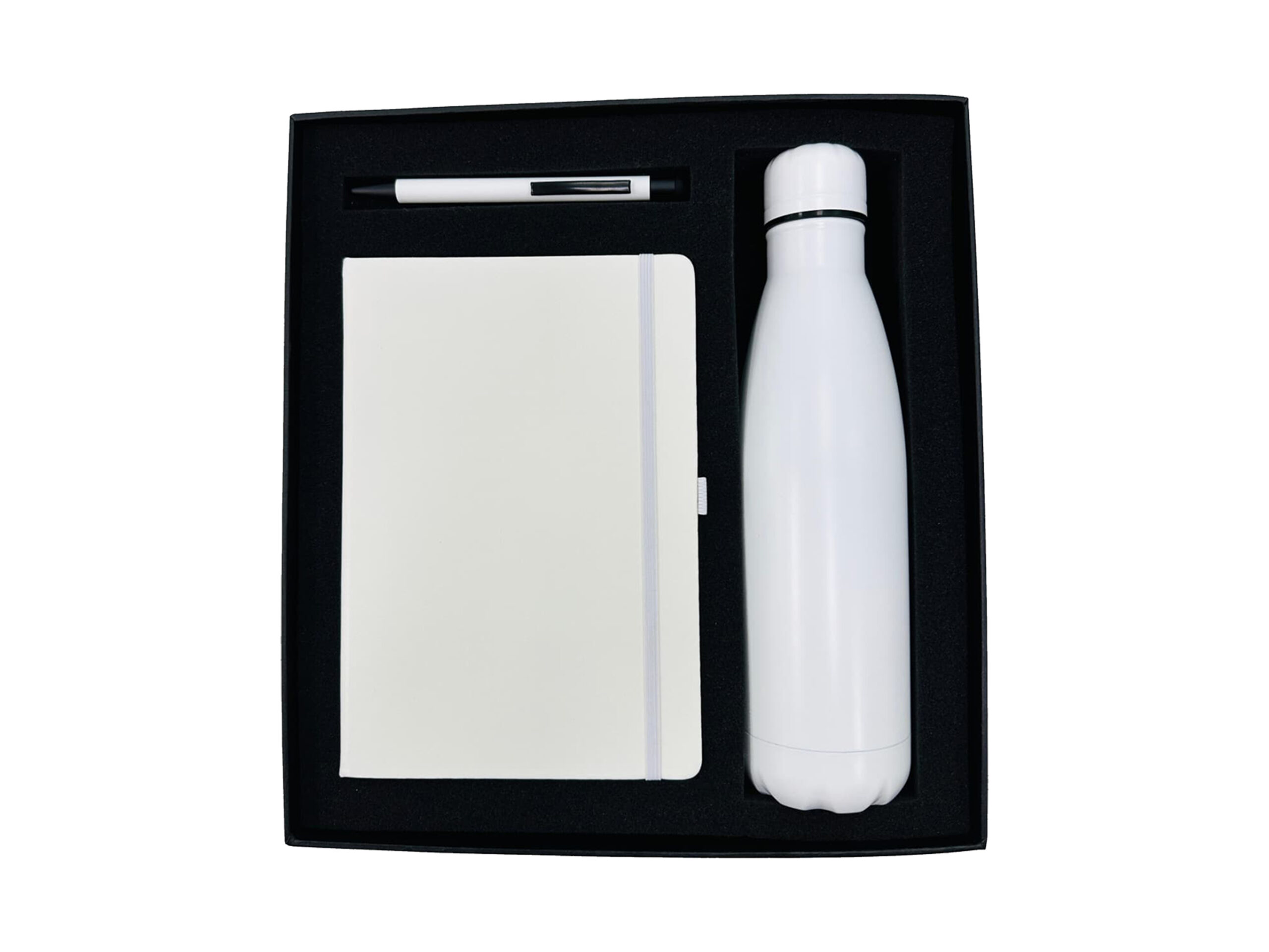 Black gift set with bottle, notebook, pen