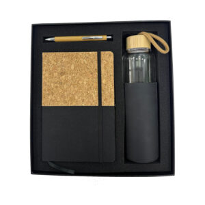 Eco-friendly gift set with notebook, pen, bottle.