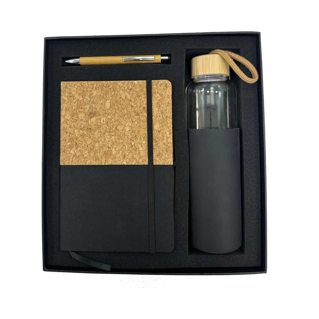 Eco-friendly gift set with notebook, pen, bottle.