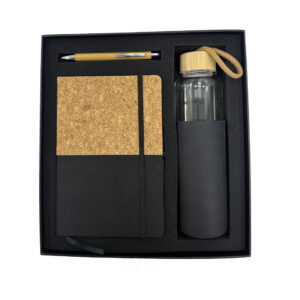 Eco-friendly gift set with notebook, pen, bottle.