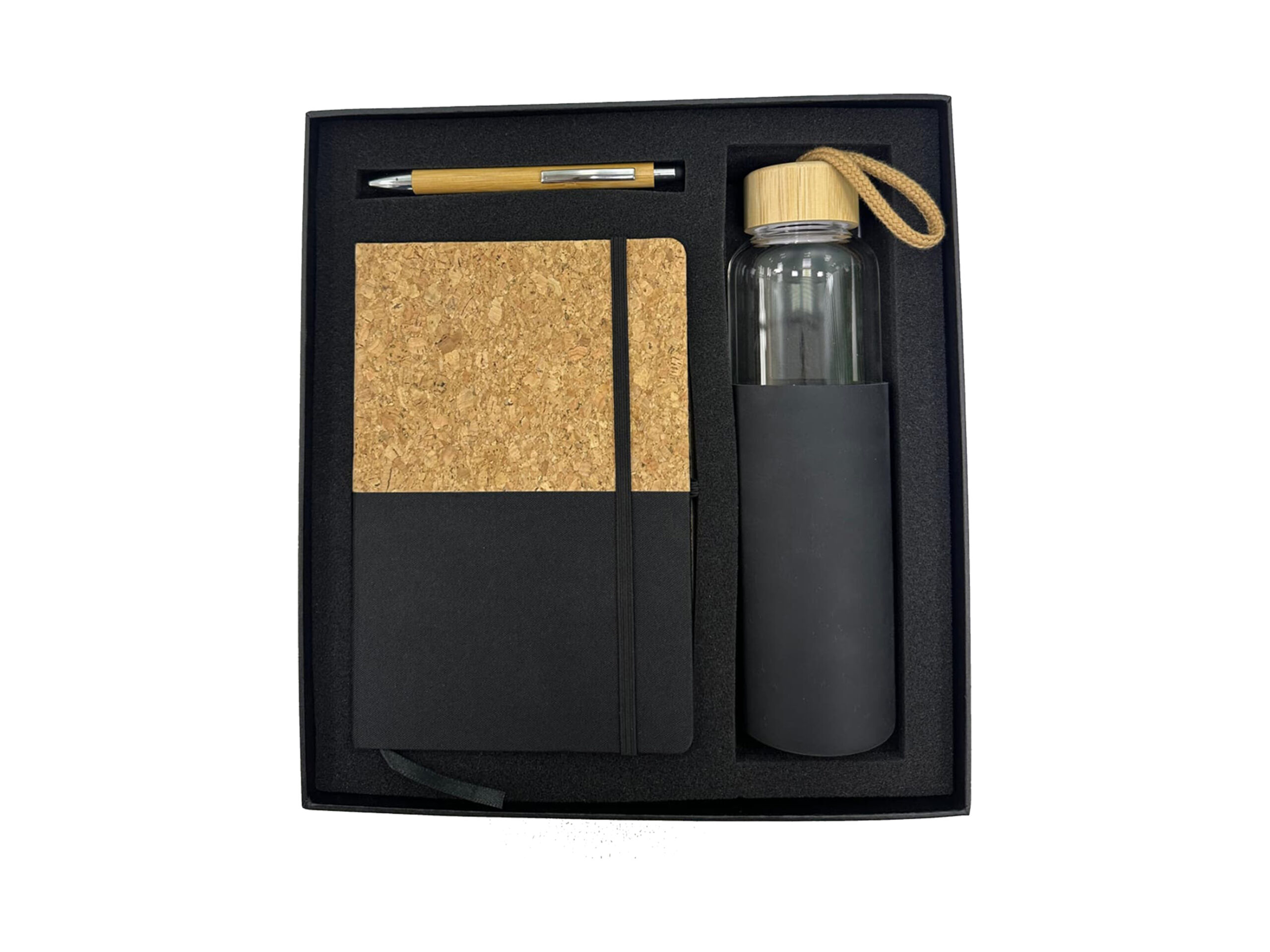Eco-friendly gift set with notebook, pen, bottle.