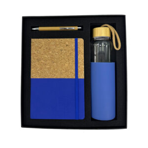 Gift set with notebook, pen, and bottle.