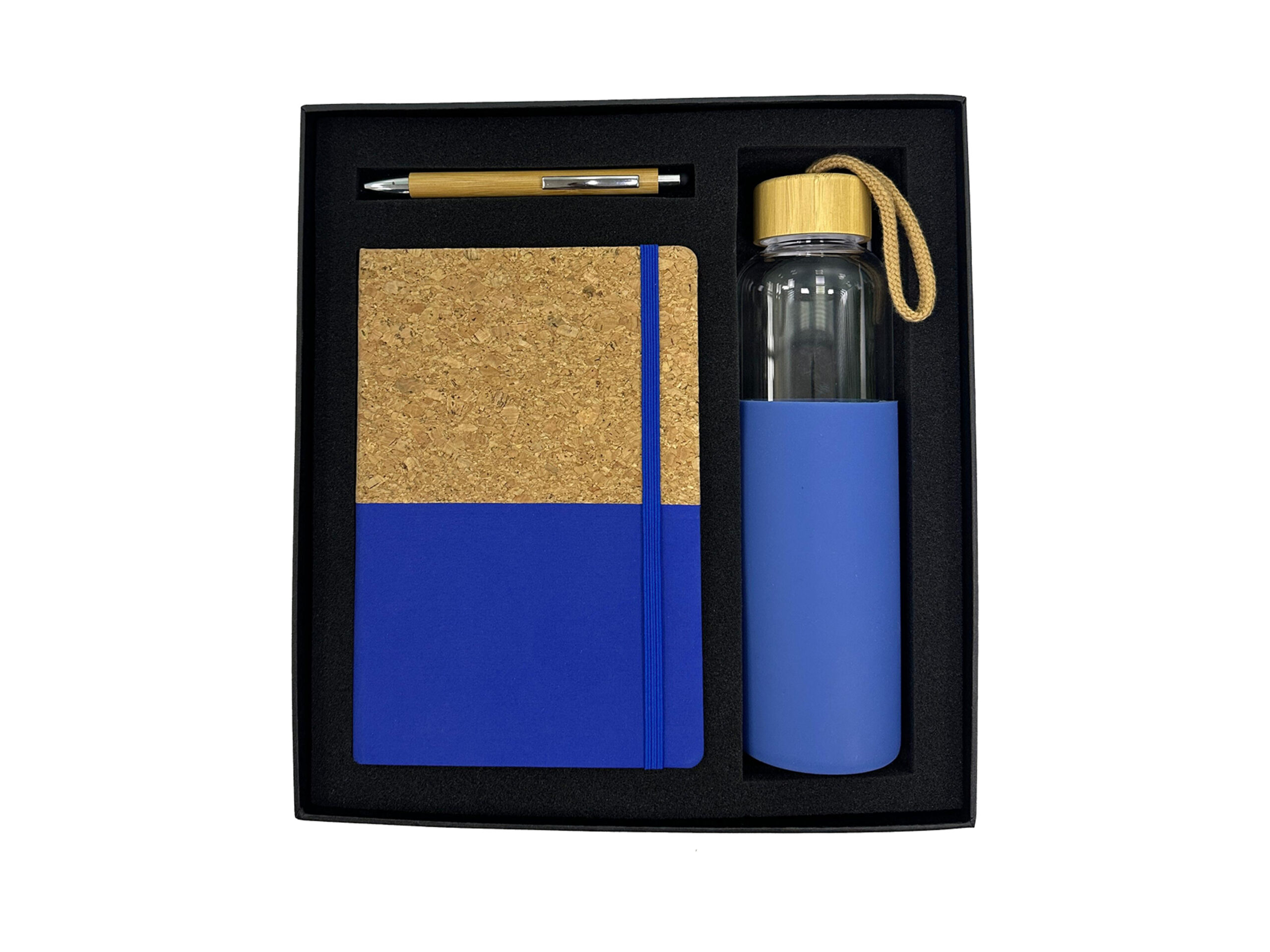 Gift set with notebook, pen, and bottle.